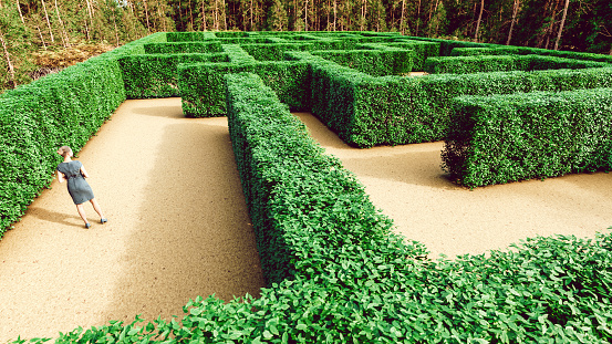 Woman stands in front of big maze made in garden with tress and bushes. Concept of standing in front of a challenge and finding the right solution to move on.