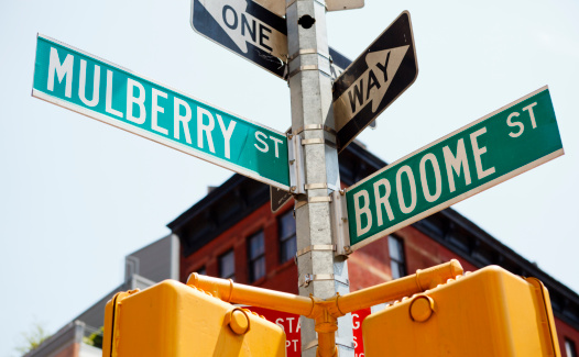 The street signs at the corner of Mulberry and Broome Streets in the Little Italy section of Lower Manhattan.