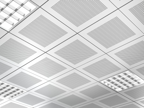 Aluminium panel suspended ceiling consisting of square panels.