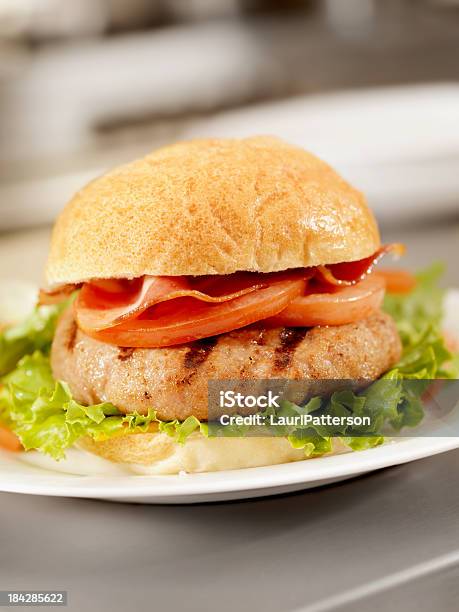 Płomień Grillowany Burger Z Indyka - zdjęcia stockowe i więcej obrazów Burger - Burger, Chicken burger, Bar szybkiej obsługi