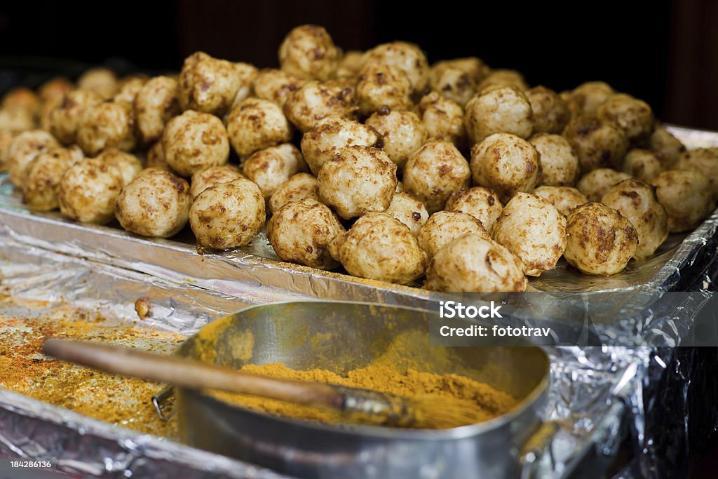Spicy Squid meat balls in Taiwan food night market Taiwan street food - Squid meat balls with spicy powder Asia Stock Photo