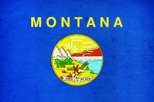 US state of Montana paper flag close up with light effect and vignette. Visible paper texture for super realistic effect. Selective focus. Canon 5D Mark II and Sigma lens.SEE MORE US STATE FLAGS BELOW: