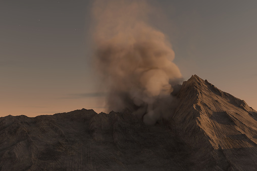 3D rendering of volcamic eruption smoke in the evening sunlight. Image produced without the use of any form of AI software