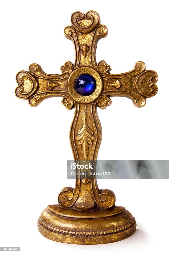 Ornato oro croce su sfondo bianco. - Foto stock royalty-free di Croce religiosa