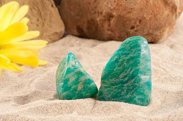 Photo collection of half-precious stones and gem stones. Here shown: Amazonite. 