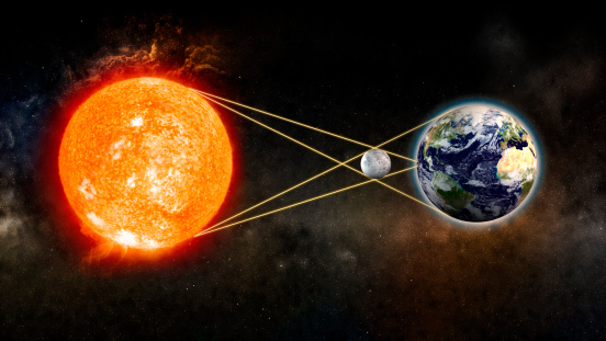 3D diagram showing solar eclipse.World map's obtained from the Nasa public domain archive and then has been modified for required diffuse and bump maps.Link: http://veimages.gsfc.nasa.gov/7100/world.topo.bathy.200401.3x5400x2700.jpg