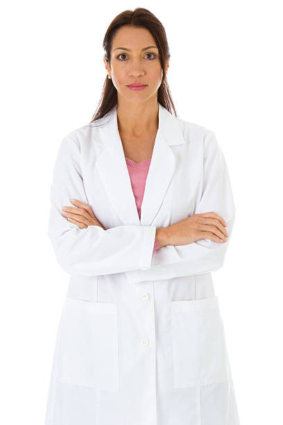 istock Serious female wearing lab coat arms crossed 184288972