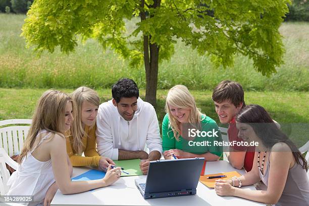 Group Of Young People Outdoors Looking At Laptop Stock Photo - Download Image Now - Staff Meeting, Green Color, Photography
