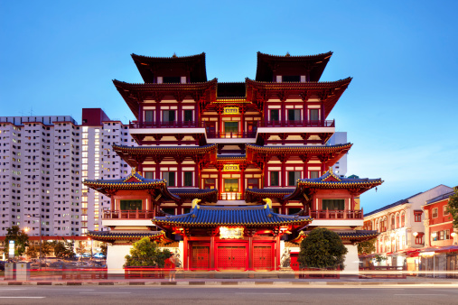 The famous Buddha Tooth Relic Temple in Singapore. Twilight shot with long exposure.