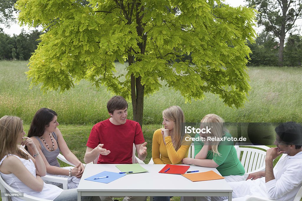 Gruppe von Jugendlichen im Freien in Diskussion - Lizenzfrei Bürobesprechung Stock-Foto