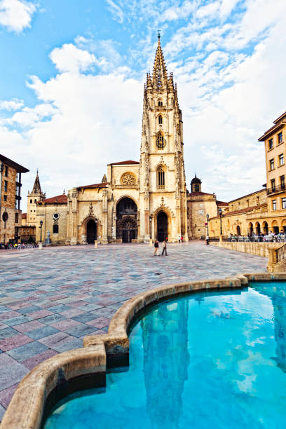 Oviedo old town. Cathedral of the Holy Saviour (Catedral de San Salvador) reflecting in fountain. jerez de la frontera stock pictures, royalty-free photos & images