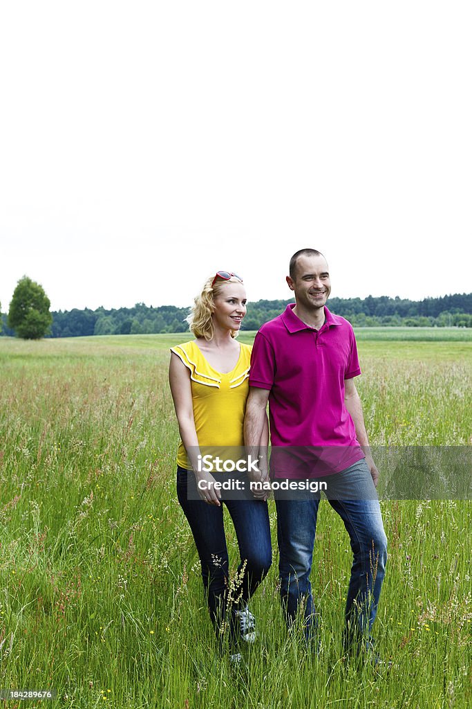 Giovane coppia a piedi nel prato con le mani - Foto stock royalty-free di 25-29 anni