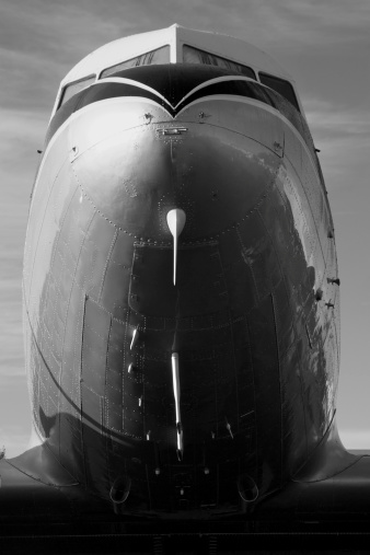 Black & White image of DC3 Dakota Cockpit shot in early morning sun.  One of the last two flying in New Zealand