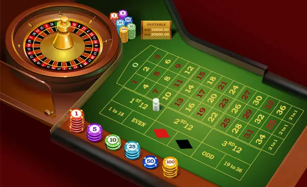 Vector illustration of Realistic casino roulette on a green table, wheel and black, red, blue, blue chips. Template for an online game. Vector illustration