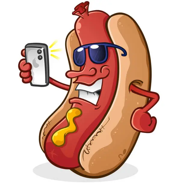 Vector illustration of Hot dog with attitude wearing shades and snapping a selfie