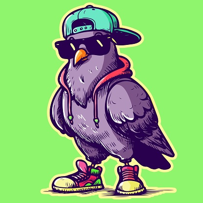 Vector of a cool ghetto pigeon with sunglasses, a hip hop hat and a pair of sneakers. Gangsta bird in streetwear and a chill attitude
