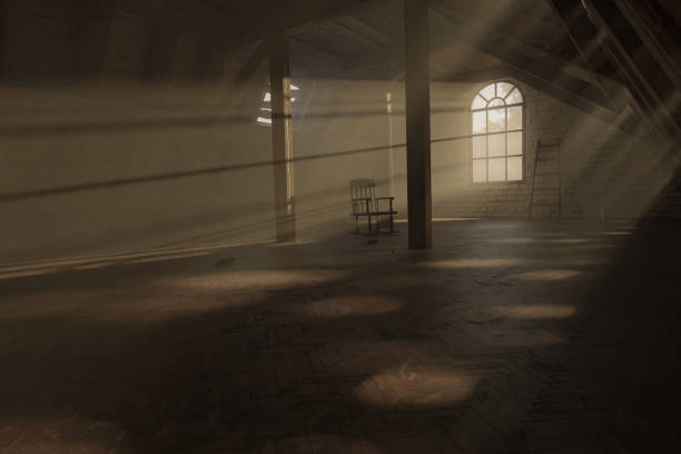 istock 3d rendering of brighten empty attic with sun rays through the window 1842914120