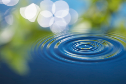 droplet causing ripple on water surface with bokeh and leaves refection