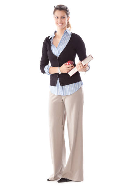 Young Female Teacher Holding Apple and Book