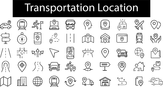 Simple Set of Route Related Vector Line Icons. Contains such Icons as Map with a Pin, Route map, location, Navigator, Direction and transportation travel symbol