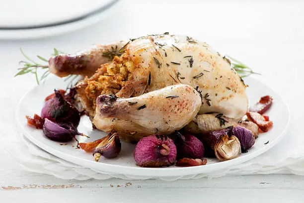 "Rock cornish hen, cooked and prepared with stuffing and vegetables."