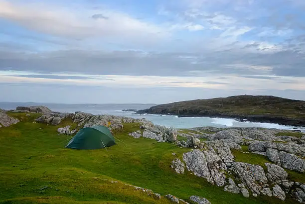 Camping in the wild on the Irish coast in the Galway region.