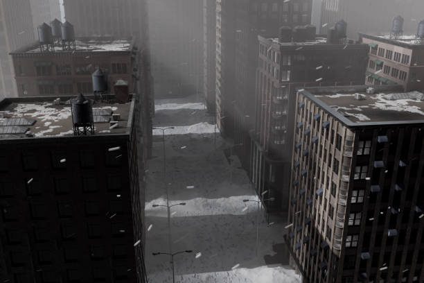 istock 3D rendering of snow covered city with skycrapers 1842943335