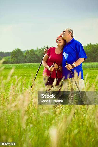 Jubilados Disfruta De Caminata Nórdica Foto de stock y más banco de imágenes de Actividades y técnicas de relajación - Actividades y técnicas de relajación, Aire libre, Ejercicio físico