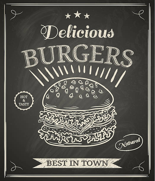 Burger poster Burger house poster on chalkboard meat borders stock illustrations