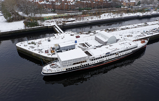 Glasgow, UK, December 3rd 2023, Queen Mary Ship moored on the River Clyde during refurbishment works in the winter
