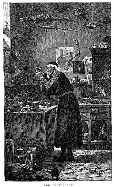 The Apothecary "Vintage engraving from 1876 of the apothecary.  A historical name for a medical professional who formulates and dispenses materia medica to physicians, surgeons and patients a role now served by a pharmacist or dispensing chemist. After the picture by H S Marks." alchemy stock illustrations