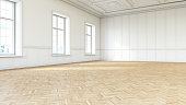 Empty Large White Room with Wooden Wall