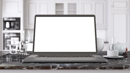 Laptop With Blank Screen On Empty Marble Kitchen Counter. 3D Render