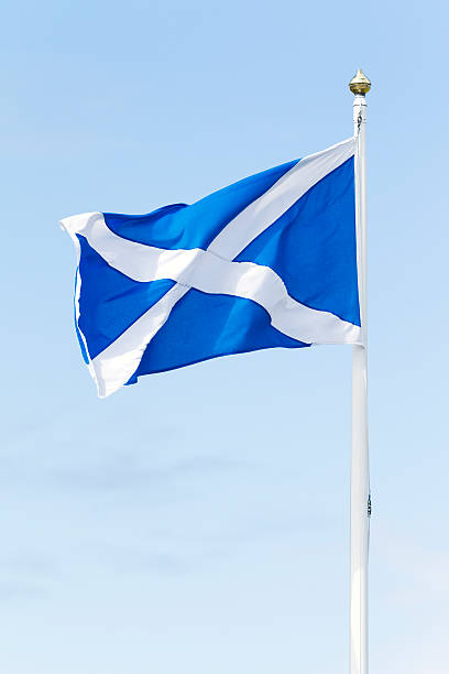 National flag of Scotland "The national flag of Scotland (also known as the Saltire, or St.Andrew's Cross), fluttering in a light breeze against a light blue sky." scottish flag stock pictures, royalty-free photos & images