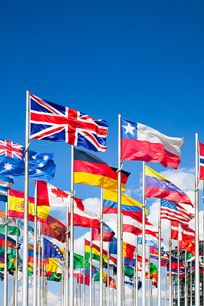 International flags Group of flags of many different nations against blue sky and infront of a convention center. national flag photos stock pictures, royalty-free photos & images