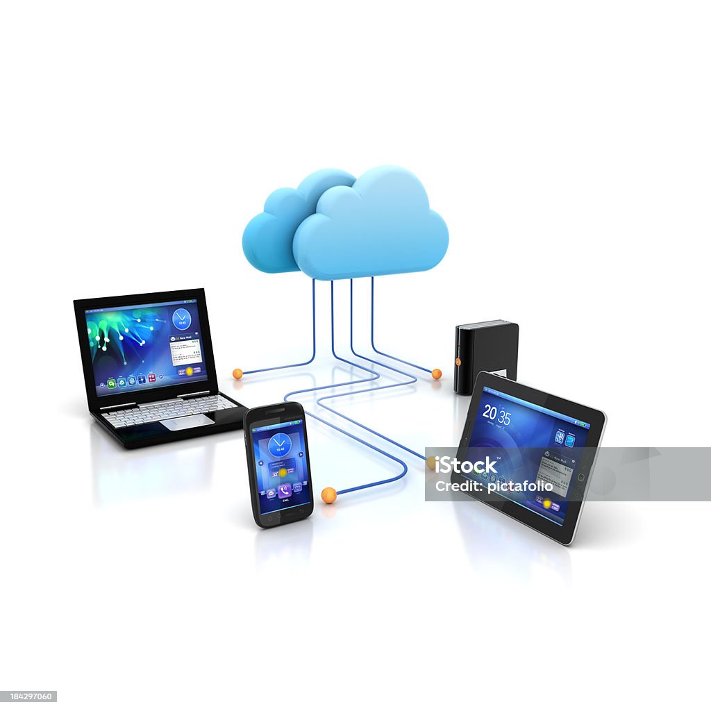 Cloud computing devices "group of electronics devices synced and connected to cloud server service, online sync and backup 3D rendered concept..Note: All Devices design and all screen interface graphics in this series are designed by the contributor him self..See Also:" Cloud Computing Stock Photo