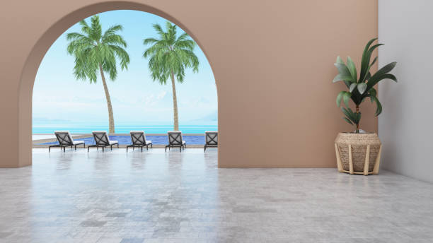 istock Swimming Pool and Palm Trees with an Arch and Wall 1842970653