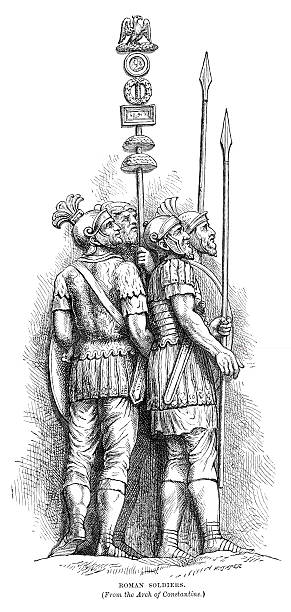 Ancient Roman Soldiers Vintage engraving from 1874 of a group of ancient Roman Soldiers based on figures from the Arch of Constantine aquila heliaca stock illustrations