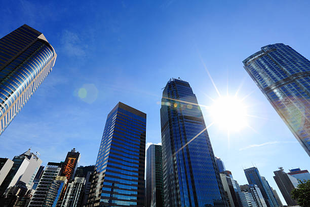istock View looking up at skyscrapers in Hong Kong 184298410