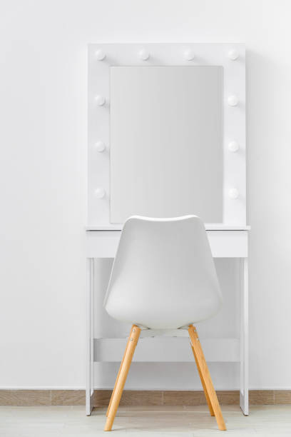 istock White makeup dressing table with lamps and a chair against a white wall 1842984908
