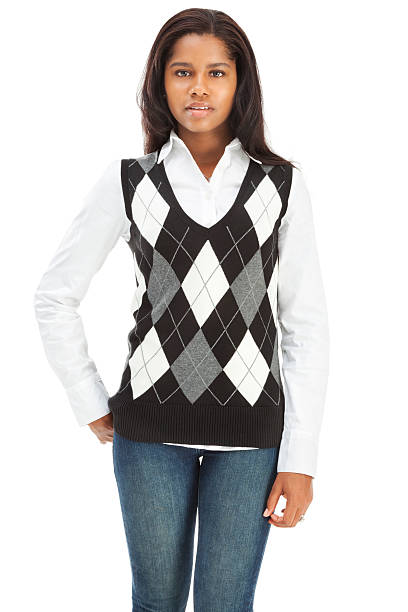 orden Guión construir Cheerful Casual Young Woman In Argyle Sweater Vest Stock Photo - Download  Image Now - Argyle, Sweater Vest, Sweater - iStock