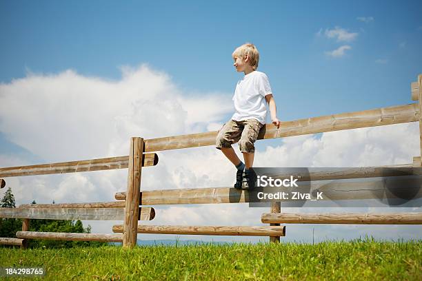 Foto de Menino Sentado Em Um Muro e mais fotos de stock de Cerca - Cerca, Criança, Sentar