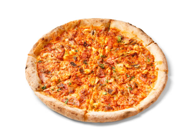 istock Pizza with meat and ham on a white background. 1842989636