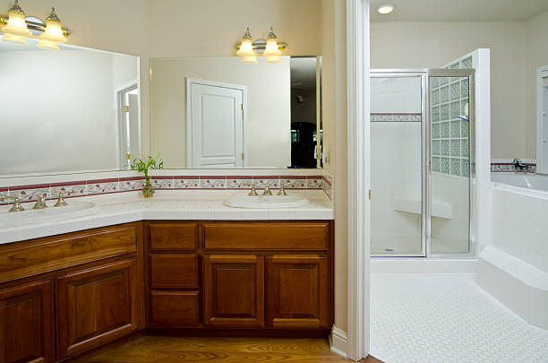 istock Modern bathroom with sunken bathtub and shower 184299890