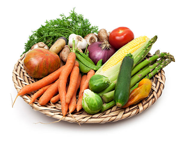 Garden vegetables A harvest of fresh garden vegetables on white background. produce basket stock pictures, royalty-free photos & images