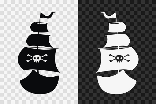 Pirate ship silhouette icon, vector glyph sign. Pirate ship symbol isolated on dark and light transparent backgrounds.