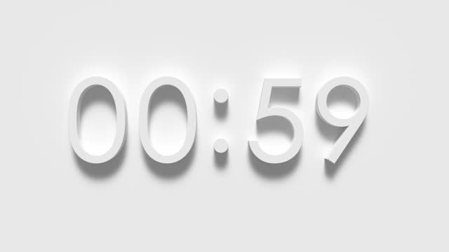 Digital clock timer countdown animation. 60 second. White background.