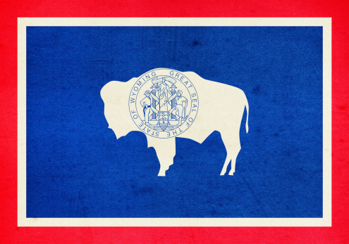 US state of Wyoming paper flag close up with light effect and vignette. Visible paper texture for super realistic effect. Selective focus. Canon 5D Mark II and Sigma lens.SEE MORE US STATE FLAGS BELOW:
