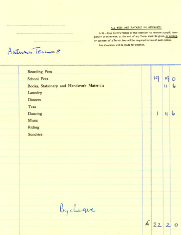 School fees and extras demand from a British independent school for the Autumn term, 1958. School name and identifying details removed, ready for you to add your own text.