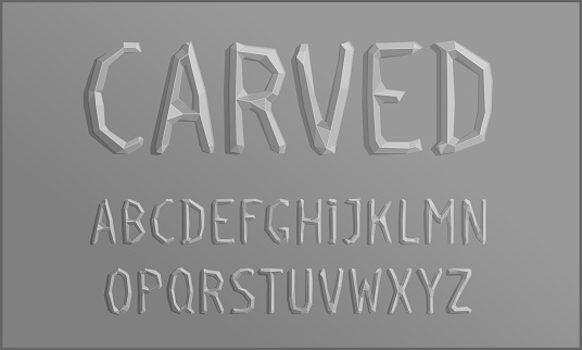 Realistic 3D font made of polygonal polyhedral letters. Imitation of sculptural carved relief. Transparent overlay on various backgrounds. Vector handcraft alphabet